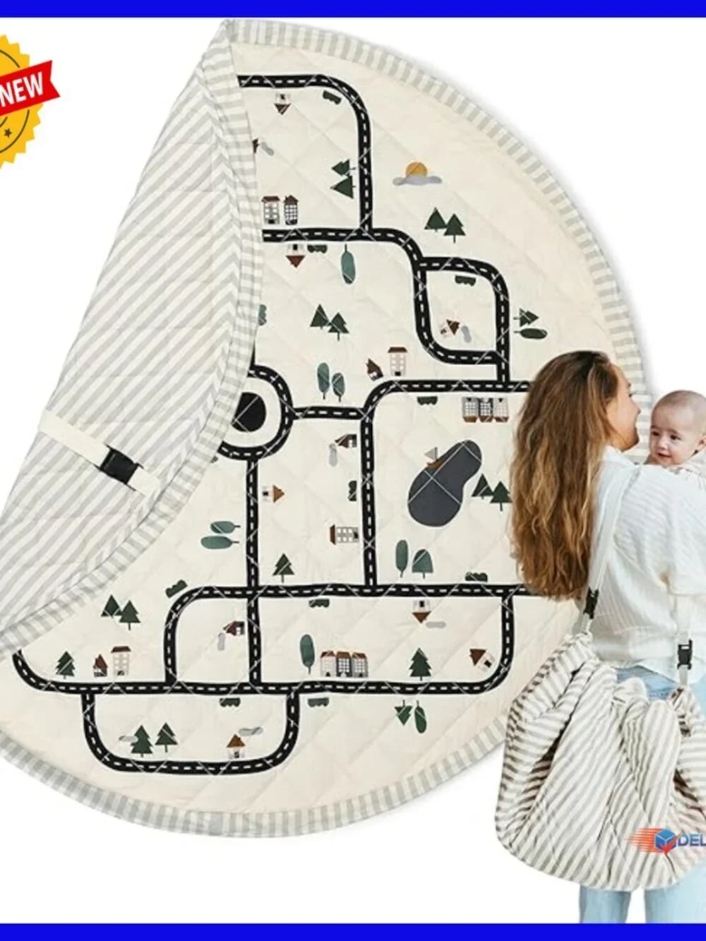 2-in-1 Quilted Play Mat & Storage Bag, Portable 47 Inch, Machine Washable
